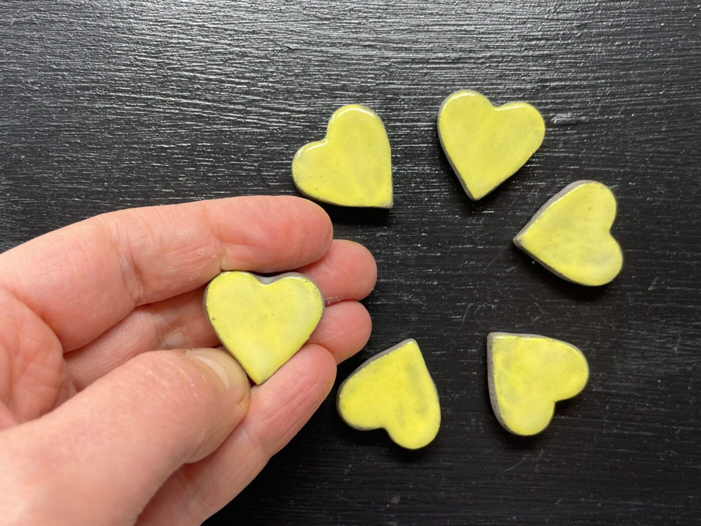 Pastel Yellow Ceramic Heart Magnets — Set of 6 — detail view