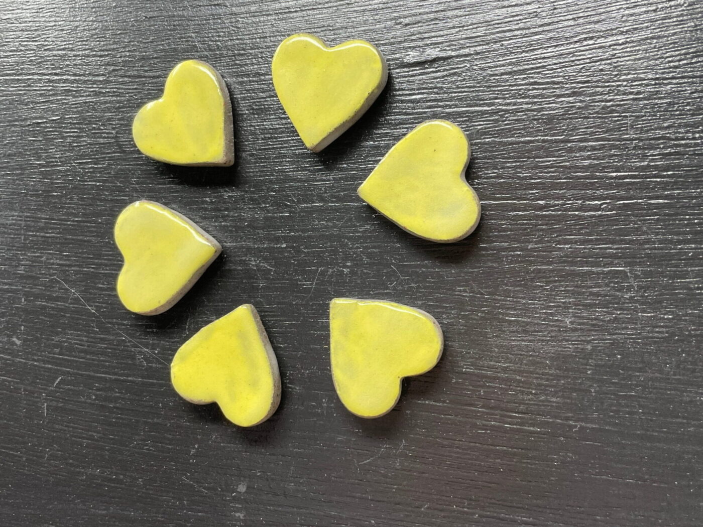 Pastel Yellow Ceramic Heart Magnets — Set of 6 — close-up