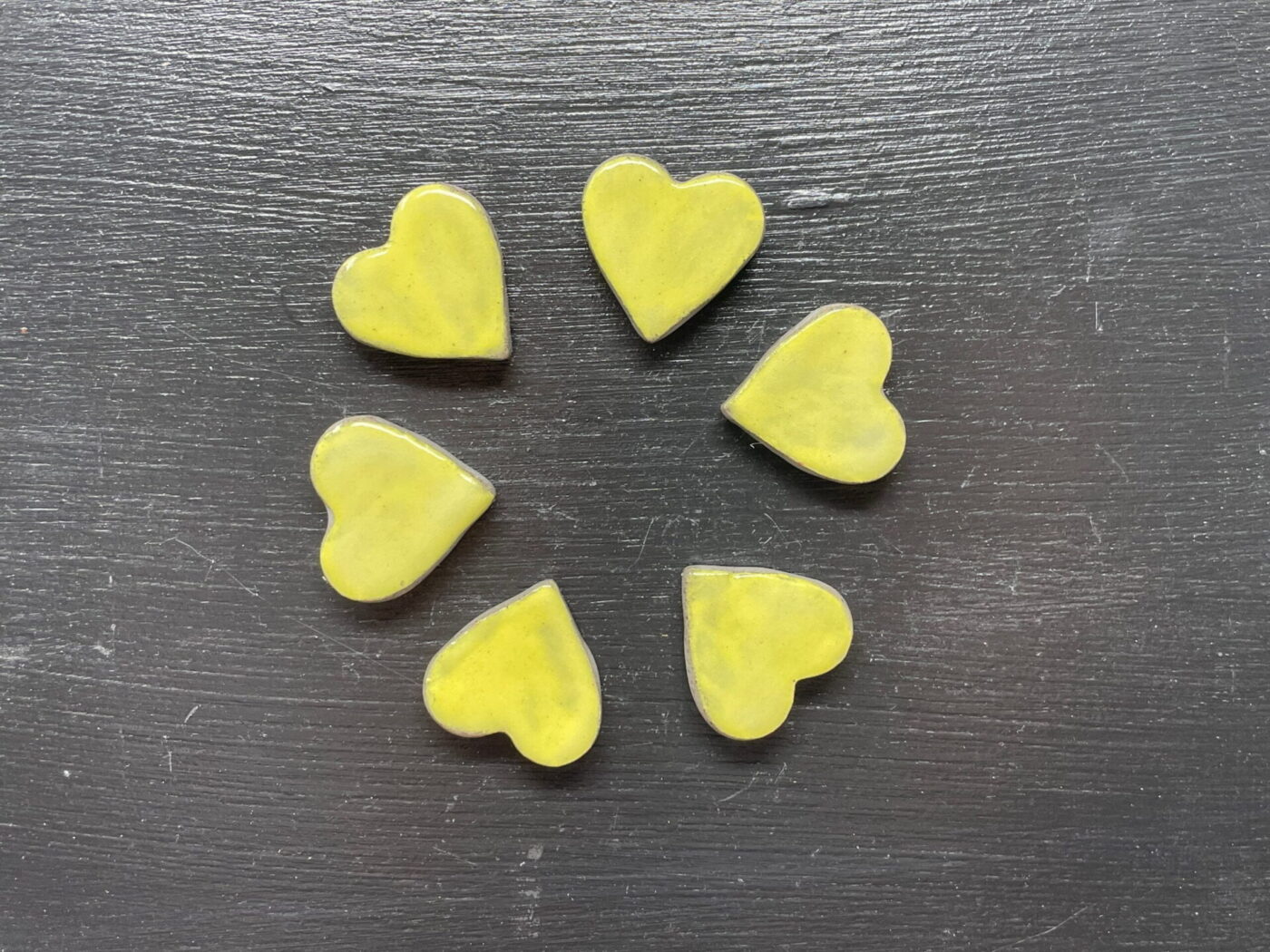 Pastel Yellow Ceramic Heart Magnets — Set of 6 — scale view