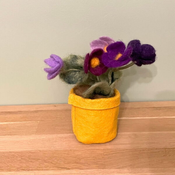 Wool felted handmade African violets in a fabric pot /  purple felt African violet flower