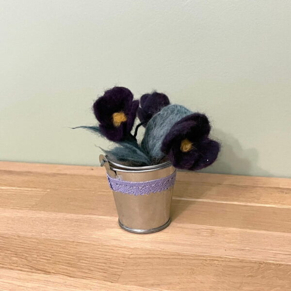 Wool felted handmade African violets in a small metal bucket /  dark purple felt African violet flower