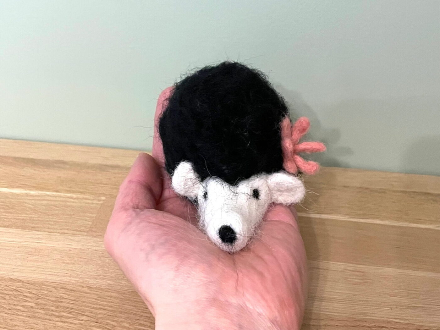Fuzzy Wool Felted Hedgehog Ornament — scale view