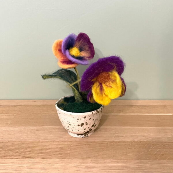 Wool felted handmade potted pansies / yellow and purple felt pansy flower