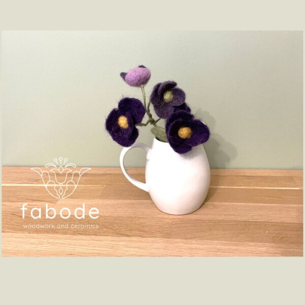 Wool felted handmade African violets in a ceramic jar /  purple felt African violet flower