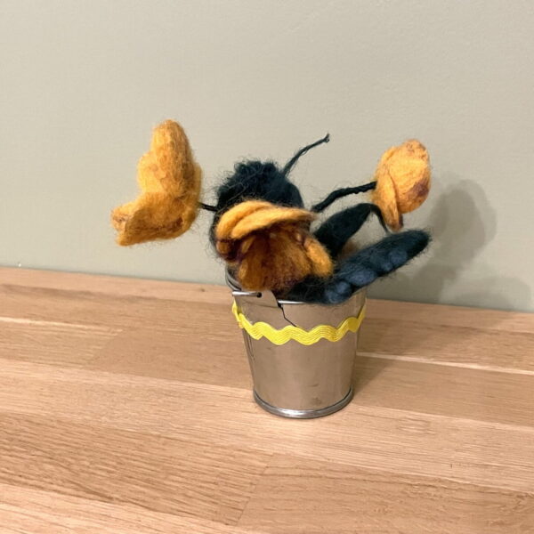Wool felted handmade yellow African violets in a small metal bucket /  yellow felt African violet flower