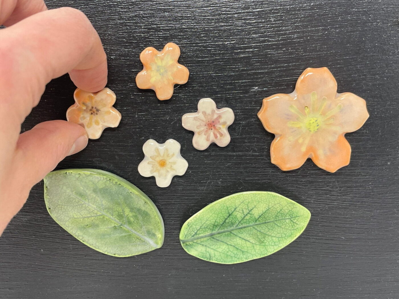Peach Flower Ceramic Magnet Set of 7 — close-up