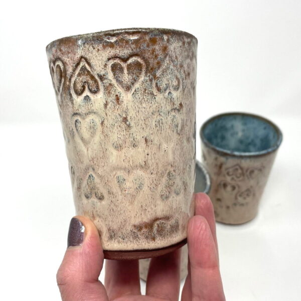 Set of 2 Light Pink tumblers with hearts / 2 handmade ceramic pottery cups in light pink and blue
