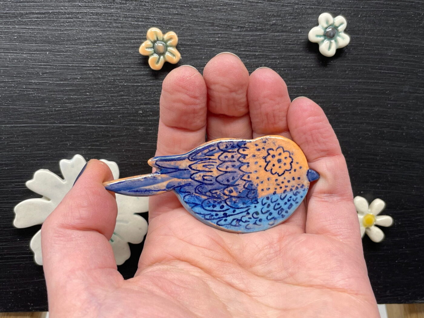 Ceramic Bird & Flowers Magnet Set — alternate angle