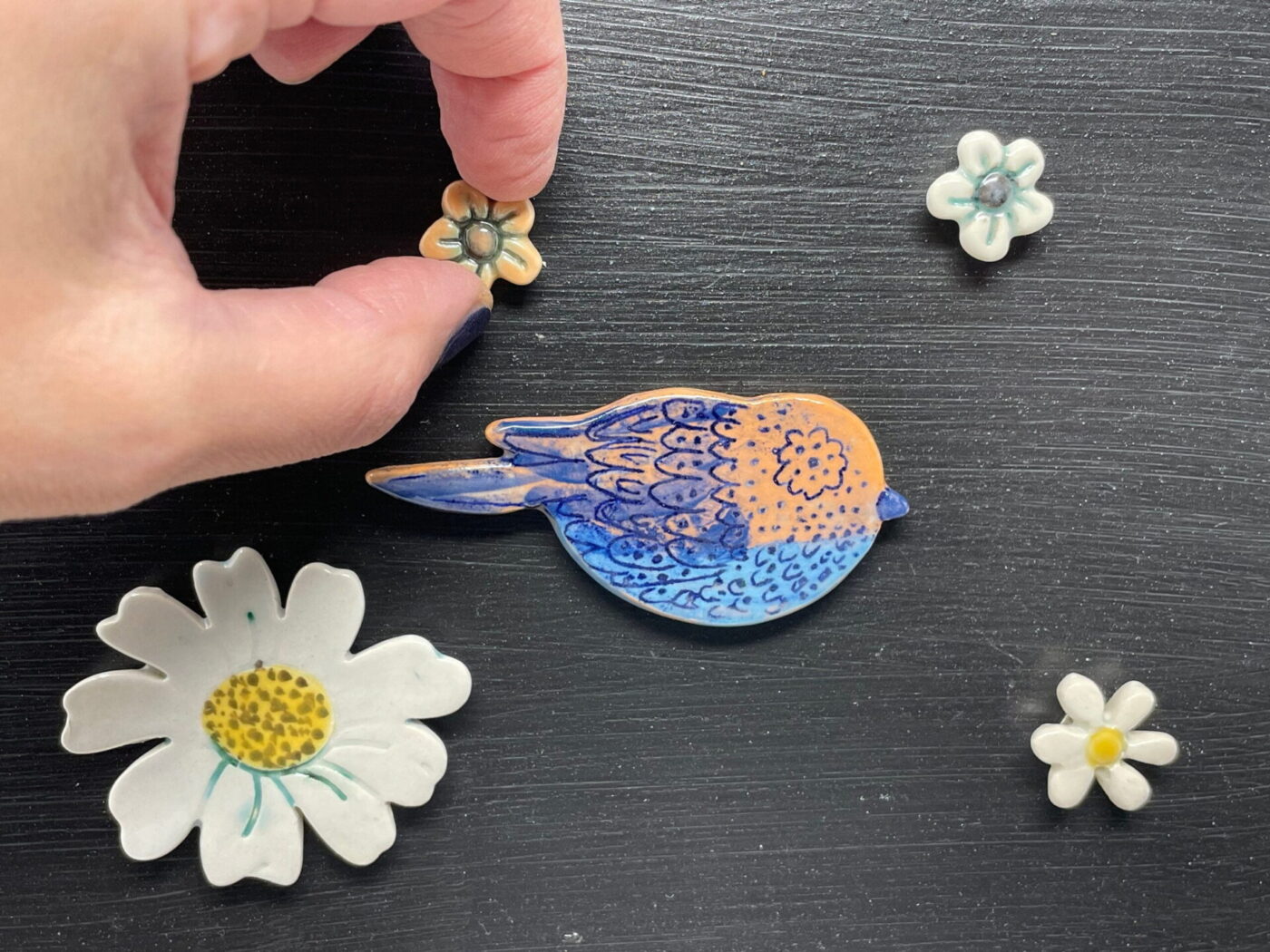 Ceramic Bird & Flowers Magnet Set — detail view