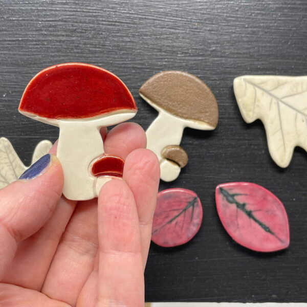 Handmade ceramic mushrooms and autumn leaves magnet set / Artisan Etsy Decor with magnetic black board