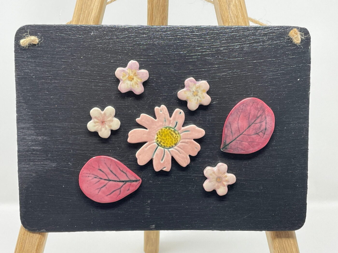 Purple & Pink Ceramic Flower Magnet Set — in use