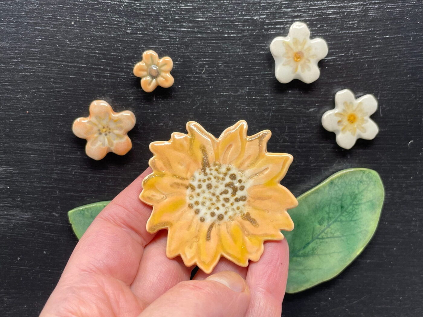Orange & White Flower Ceramic Magnet Set — detail view