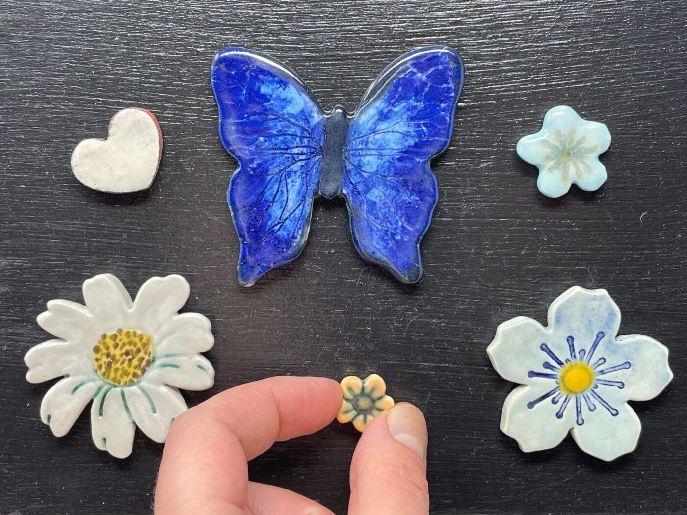 Cobalt Butterfly Magnet Set — Blue, Orange & White Flowers — back view