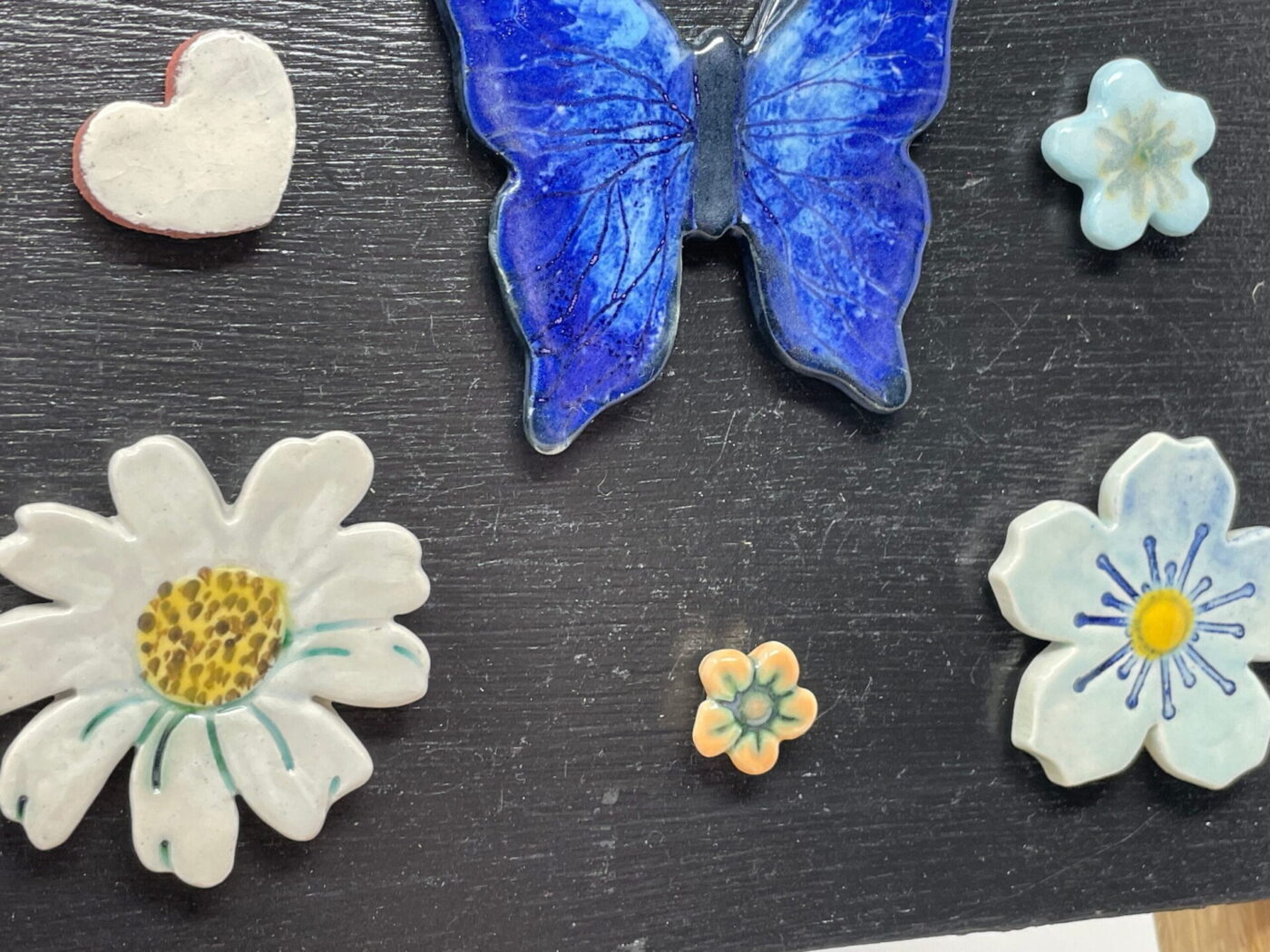 Cobalt Butterfly Magnet Set — Blue, Orange & White Flowers — scale view