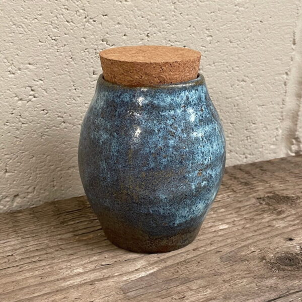 Blue and brown aged looking ceramic pottery container with cork lid