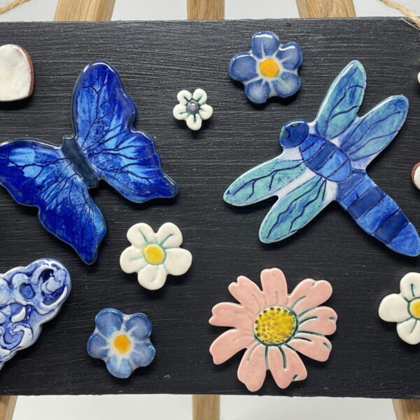 Cobalt blue handmade ceramic butterfly and dragonfly magnets in a set with flowers and a cloud / Artisan Etsy Decor