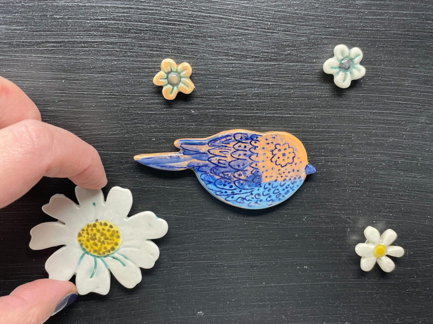 Ceramic Bird & Flowers Magnet Set