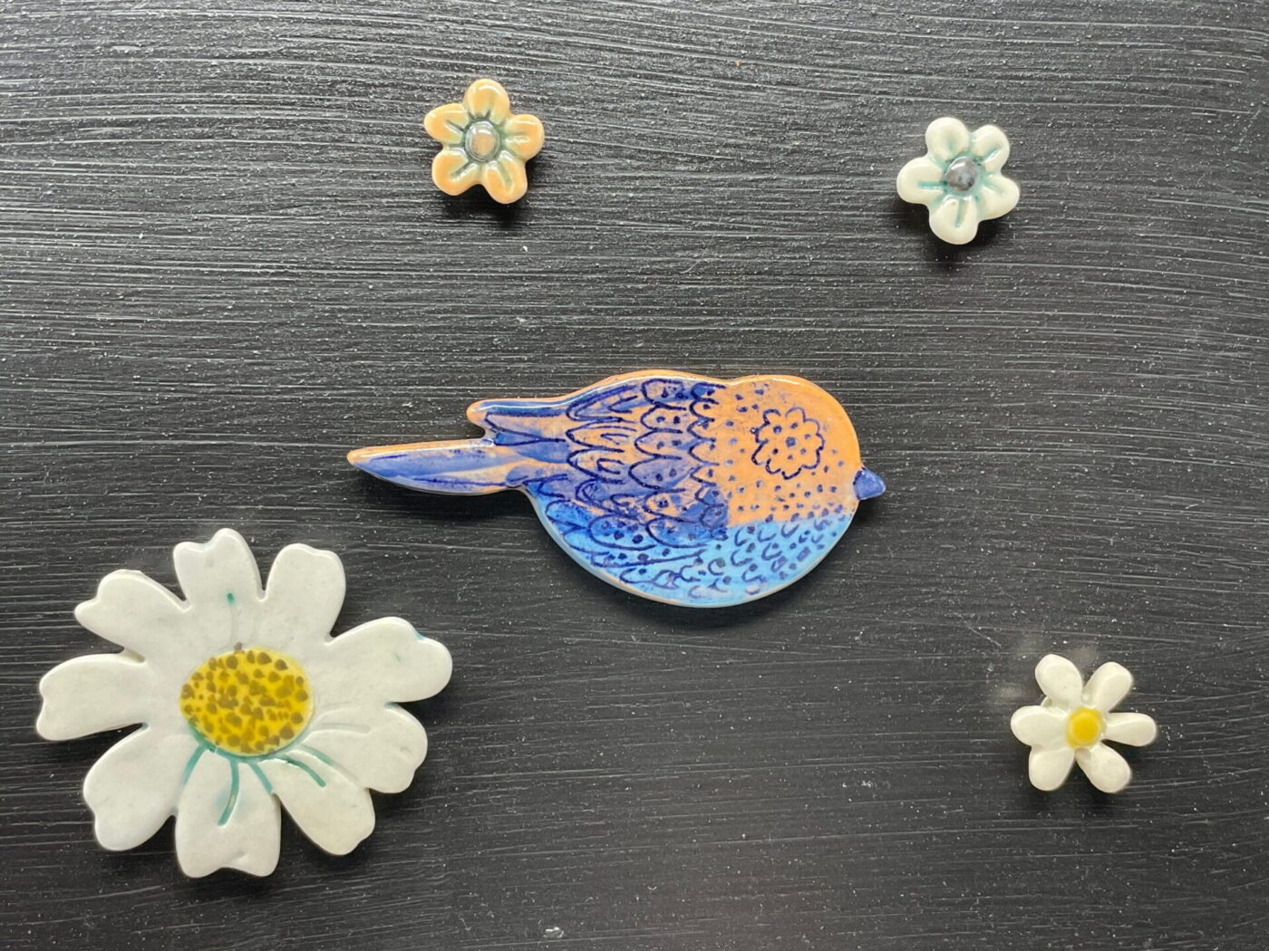 Ceramic Bird & Flowers Magnet Set — top view
