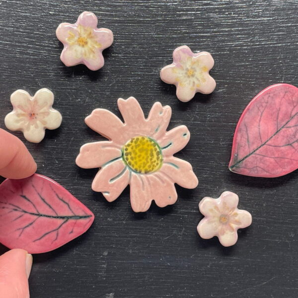 Purple and pink set of handmade ceramic flowers and leafs fridge magnets / magnet gift set