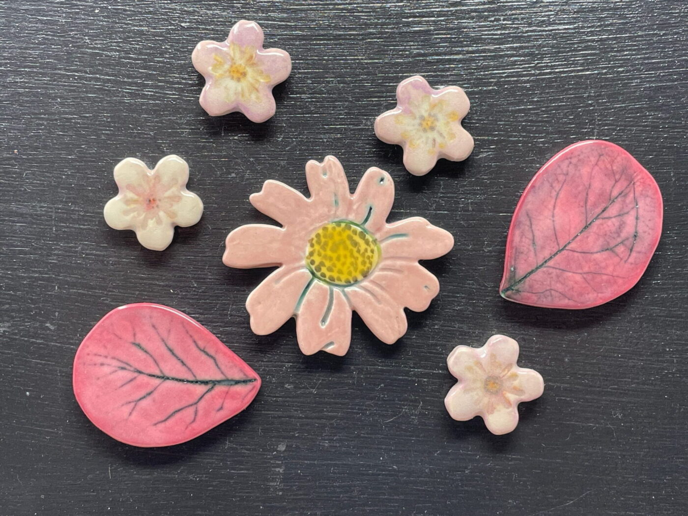 Purple & Pink Ceramic Flower Magnet Set — top view