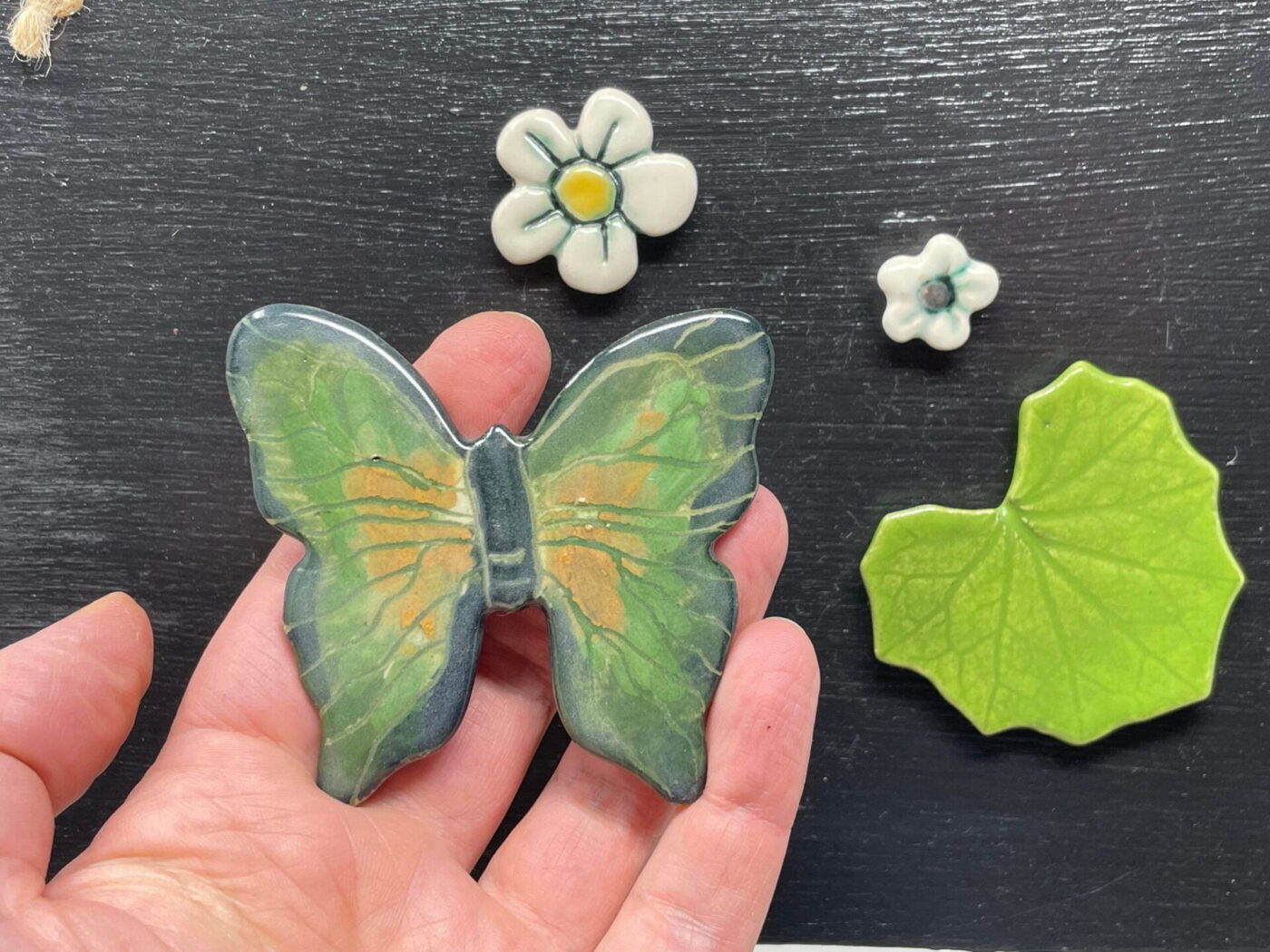 Green Butterfly & Flower Ceramic Magnet Set