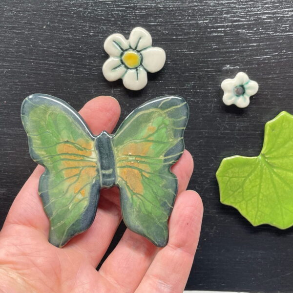 Handmade ceramic Green Butterfly and flowers in a set / Garden lovers fridge magnets/ set of 5 magnets