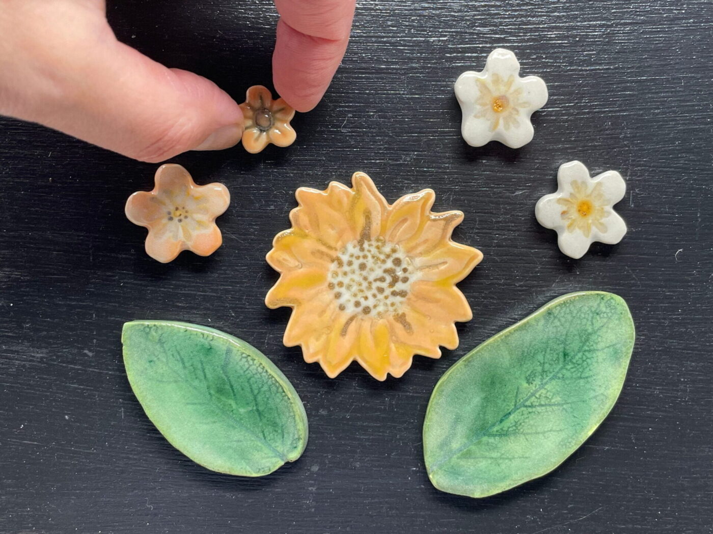 Orange & White Flower Ceramic Magnet Set — close-up