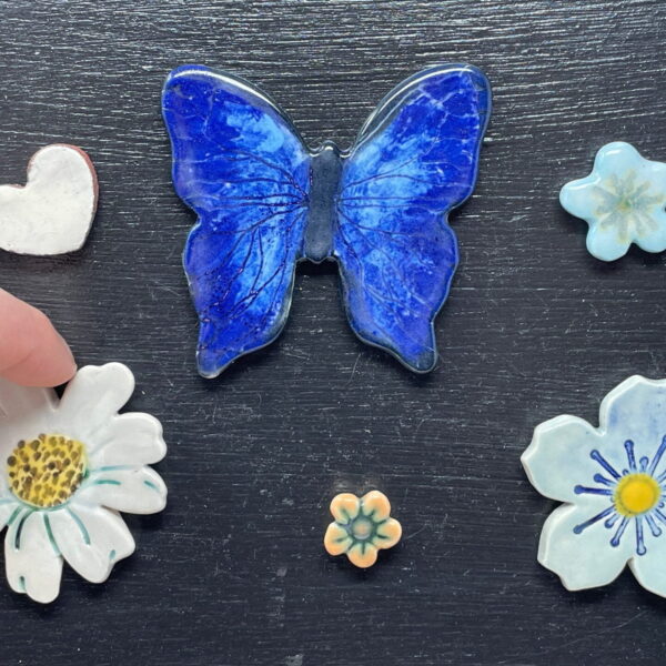 Cobalt blue Butterfly with blue, orange and white flowers ceramic fridge magnet set / magnetic canvas