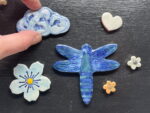 Cobalt blue Dragonfly with blue, orange and white flowers ceramic fridge magnet set / magnetic canvas
