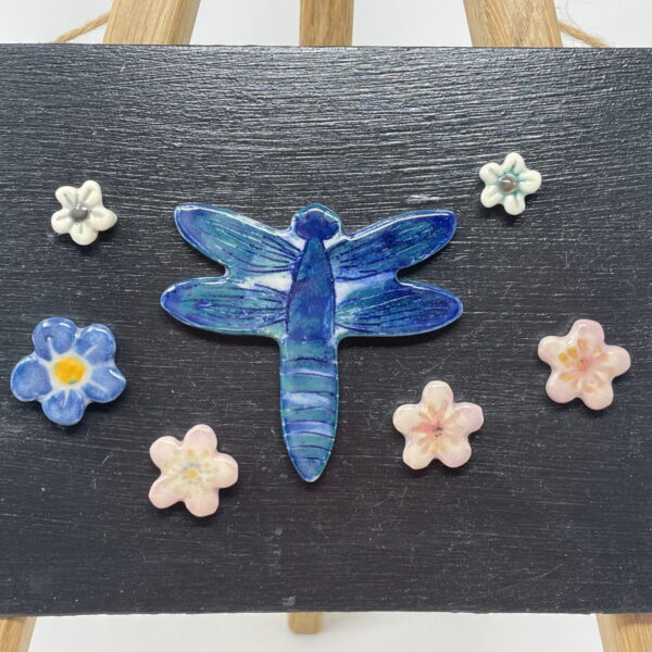 Cobalt blue Dragonfly with blue, pink and white flowers ceramic fridge magnet set / magnetic canvas