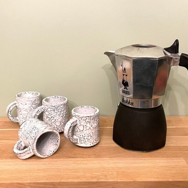 Handmade textured white ceramic pottery espresso mugs with handle