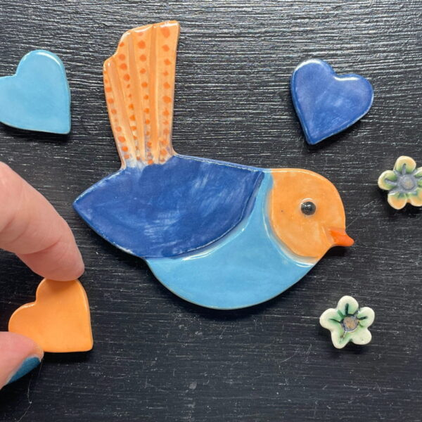 Set of 6 Nature inspired magnets including a cute bird, three love hearts and two small flower fridge magnets