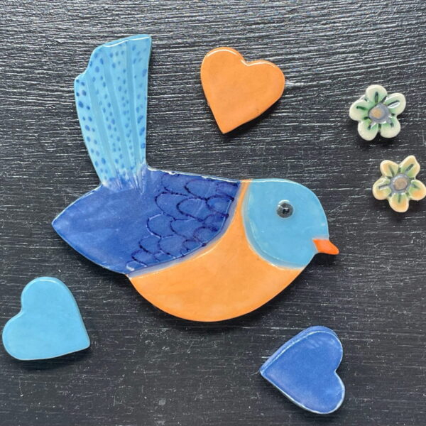 Set of 6 Nature inspired magnets including a cute bird, three love hearts and two small flower fridge magnets