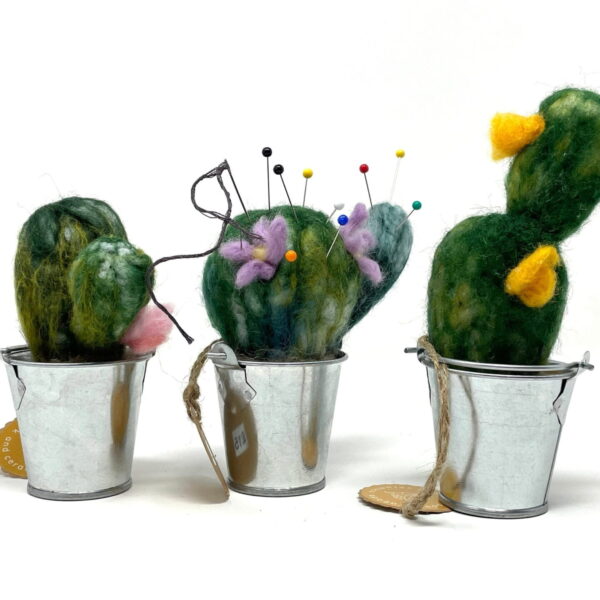 Needle felted handmade Succulent pin cushion in a small metal bucket /  cactus pin cushion