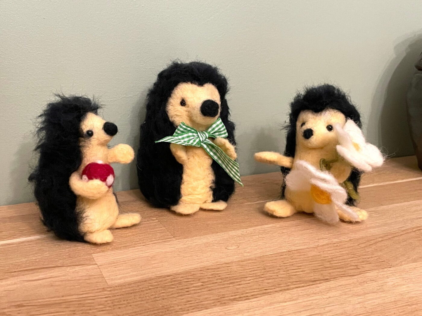 Wool Felted Hedgehog Family — top view