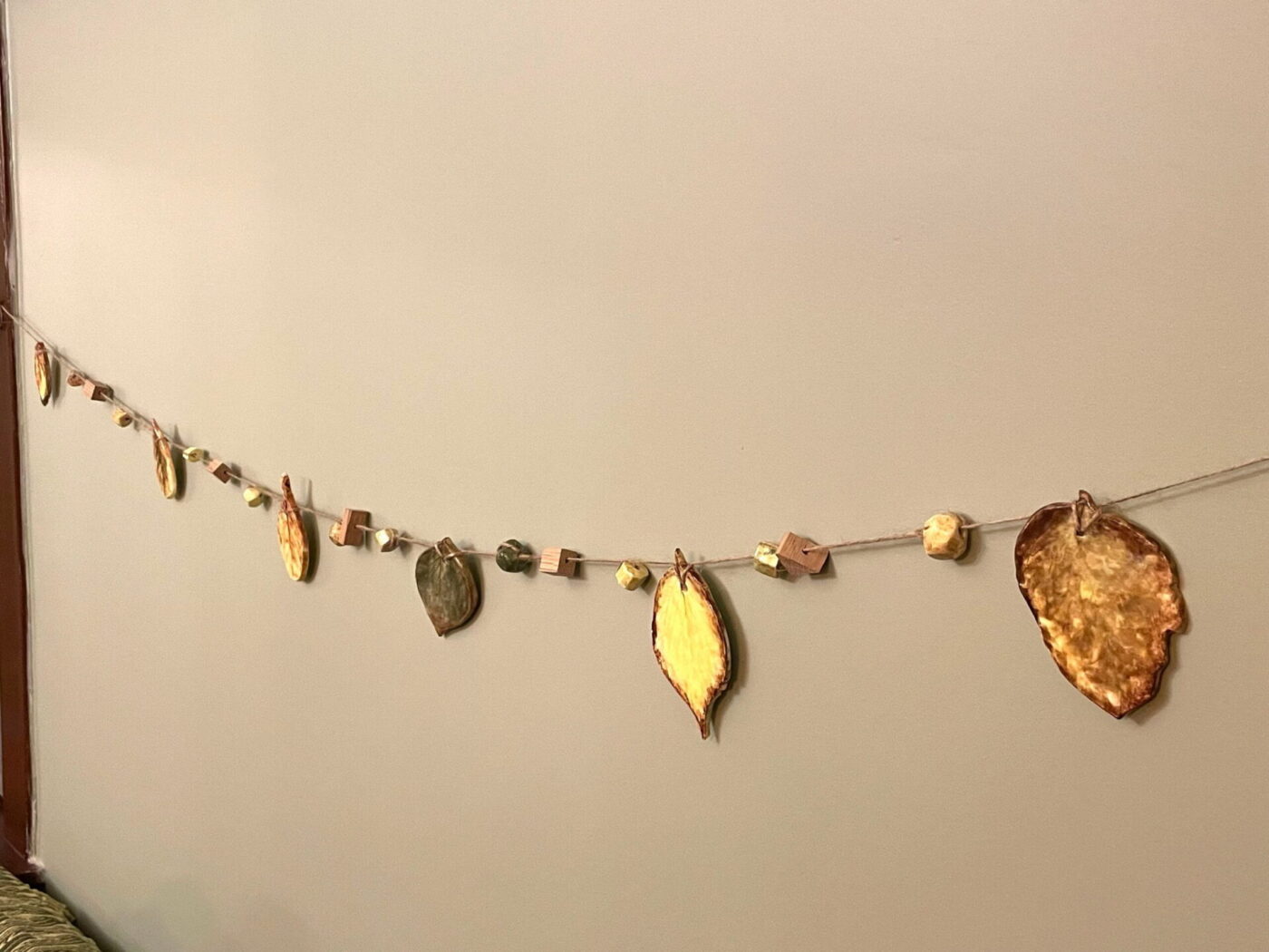 Ceramic Autumn Leaf Garland — Green, Yellow & Brown — detail view