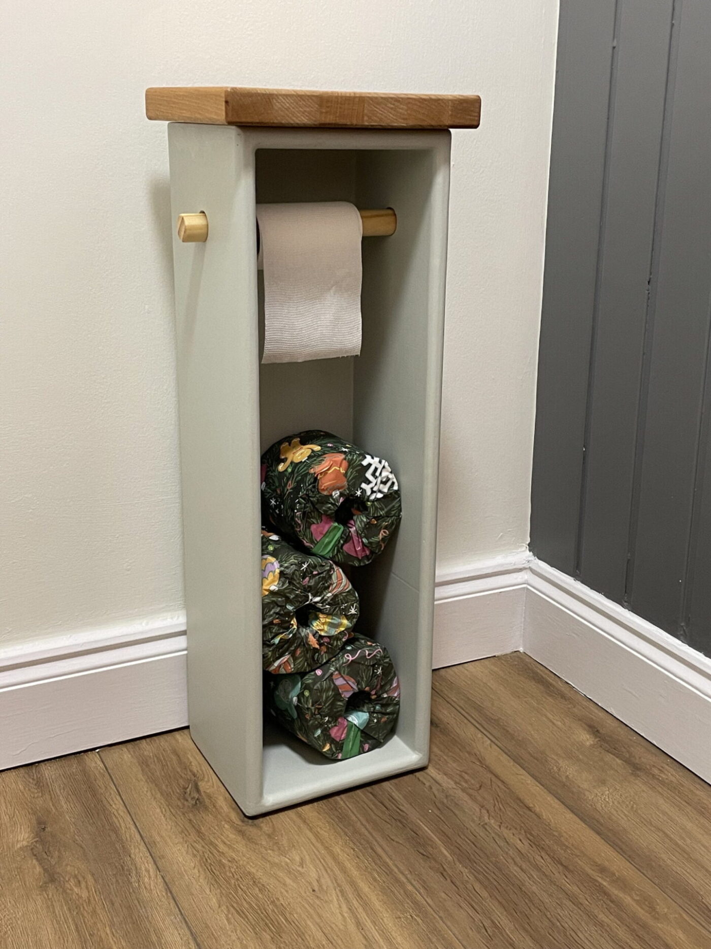 Wooden Toilet Roll Holder — Light Colours — detail view