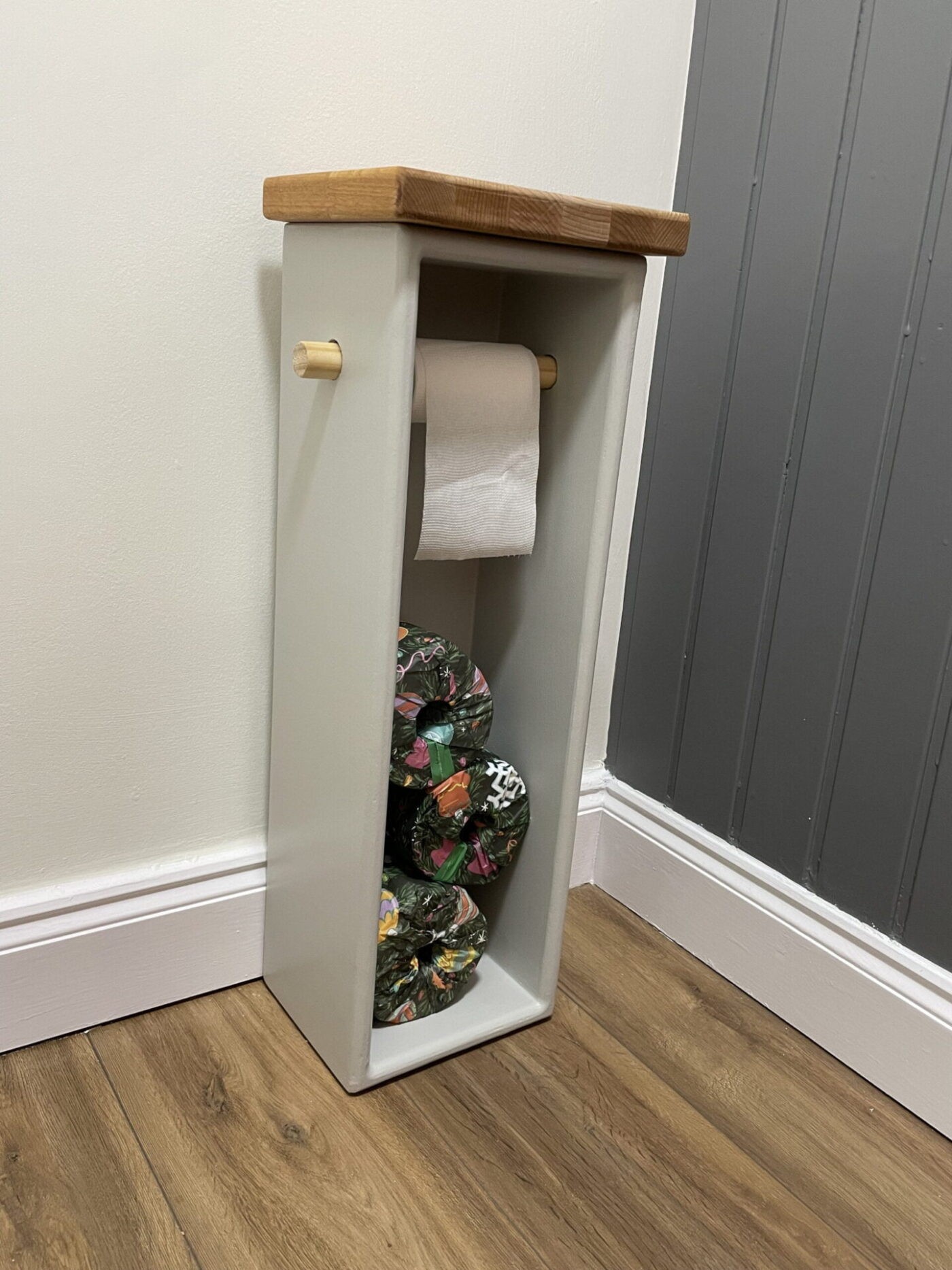 Wooden Toilet Roll Holder — Light Colours — back view