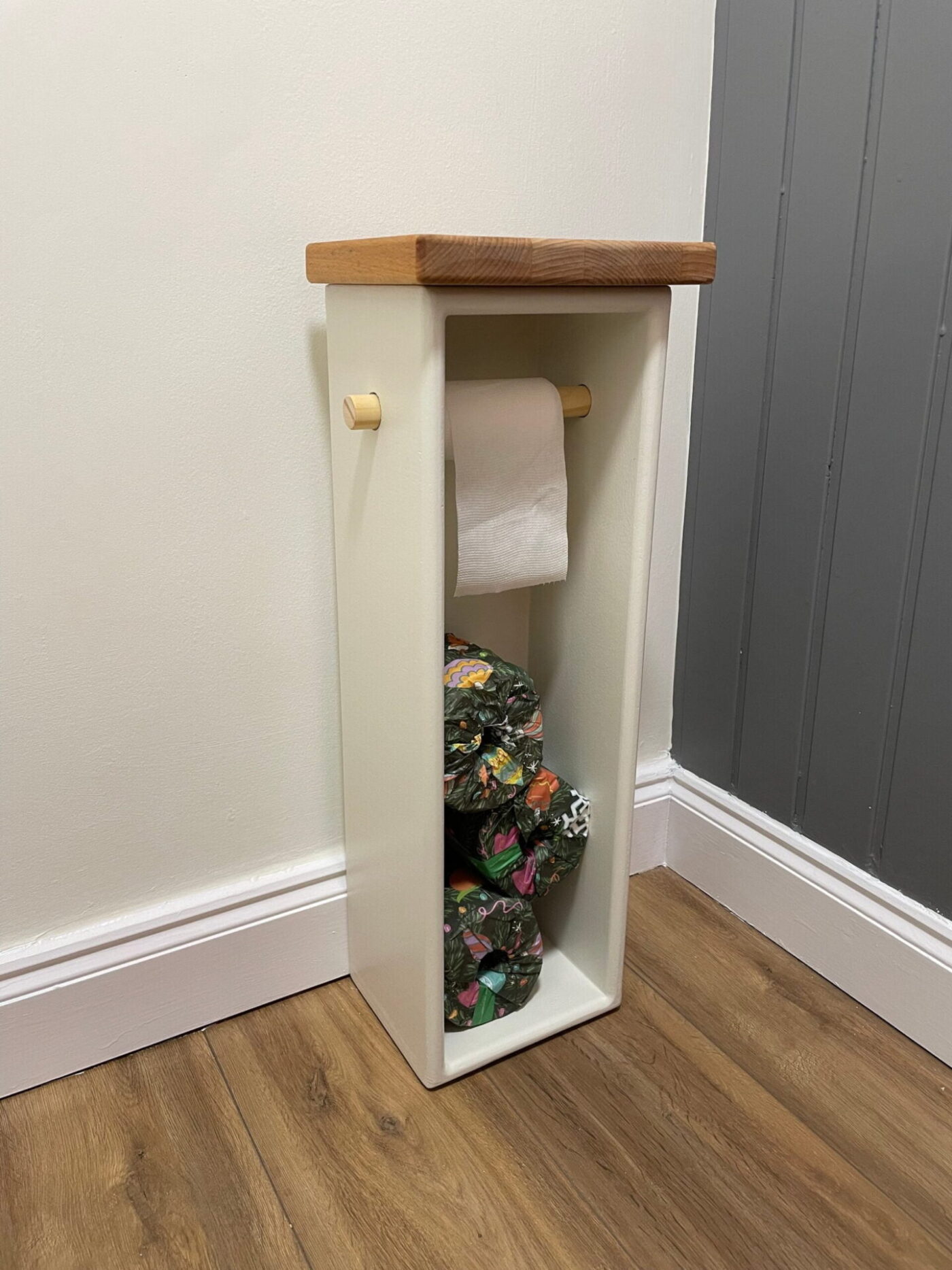 Wooden Toilet Roll Holder — Light Colours — in use