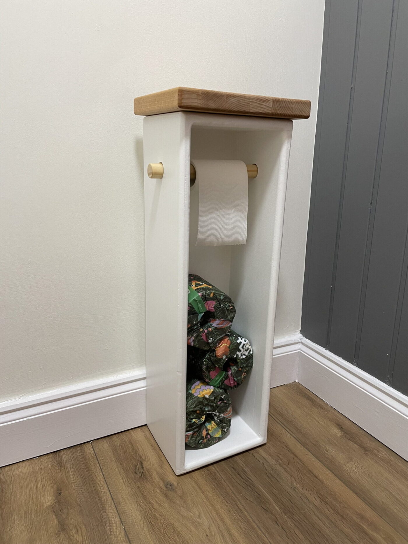 Wooden Toilet Roll Holder — Light Colours — scale view