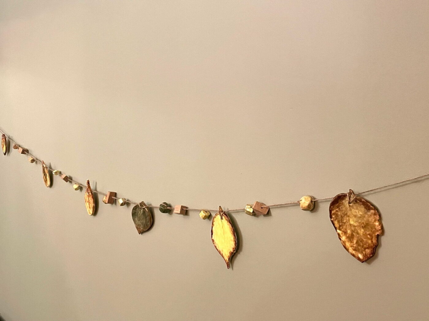 Ceramic Autumn Leaf Garland — Green, Yellow & Brown — close-up
