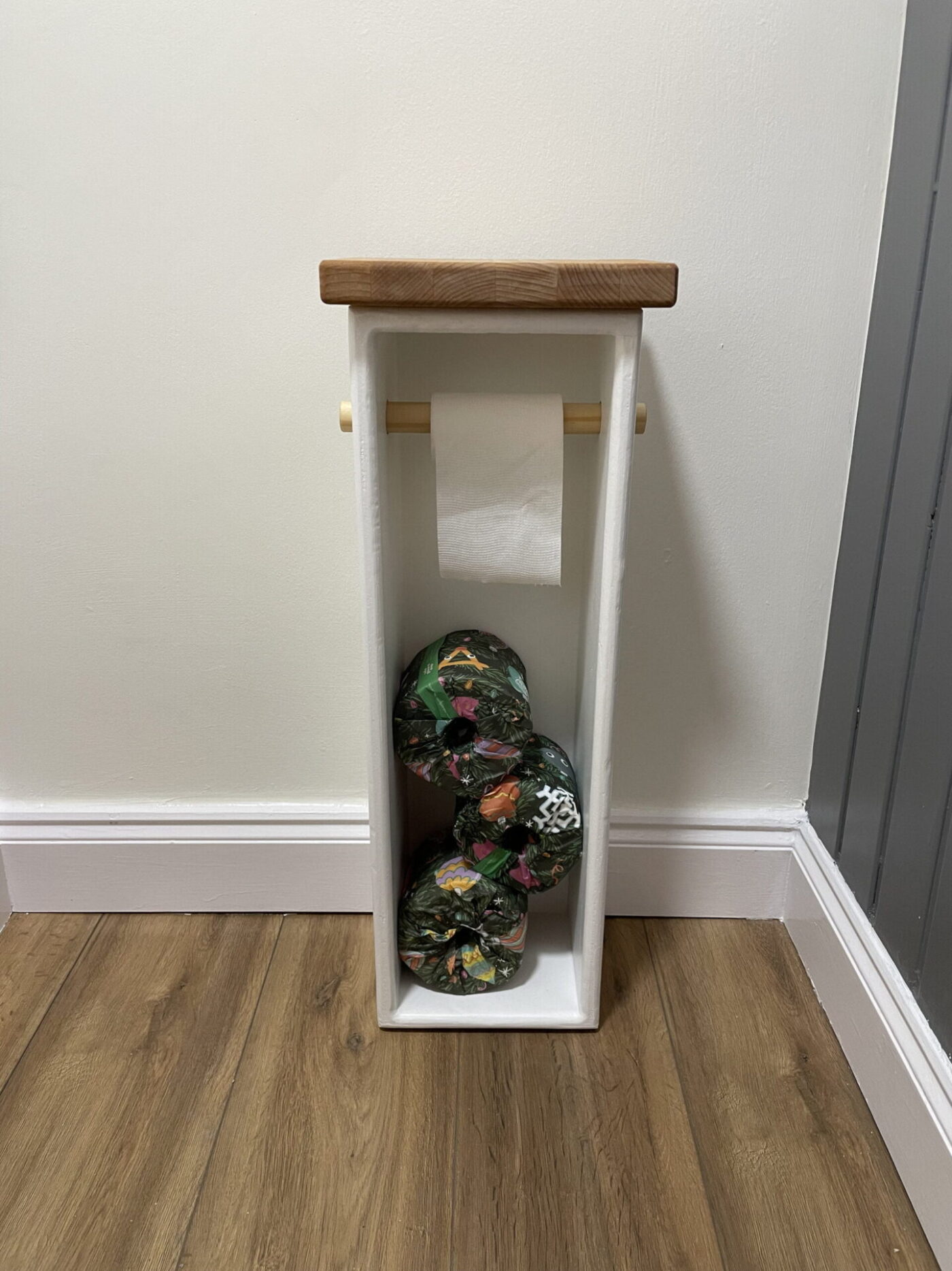 Wooden Toilet Roll Holder — Light Colours — styling detail