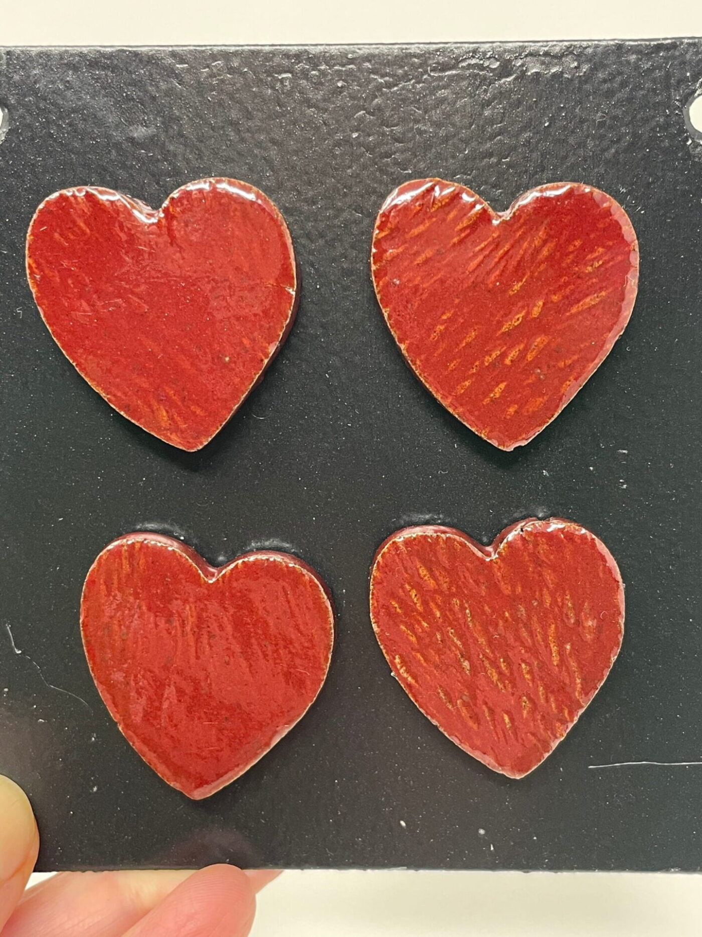 Firebrick Red Heart Magnets — Set of 4 — side view