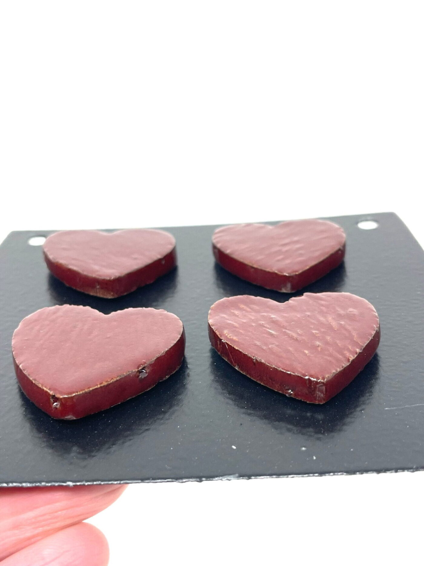 Firebrick Red Heart Magnets — Set of 4 — scale view