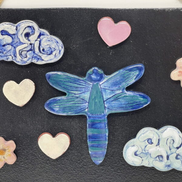 Cobalt blue Dragonfly with clouds, small flowers and hearts ceramic fridge magnet set / magnetic canvas