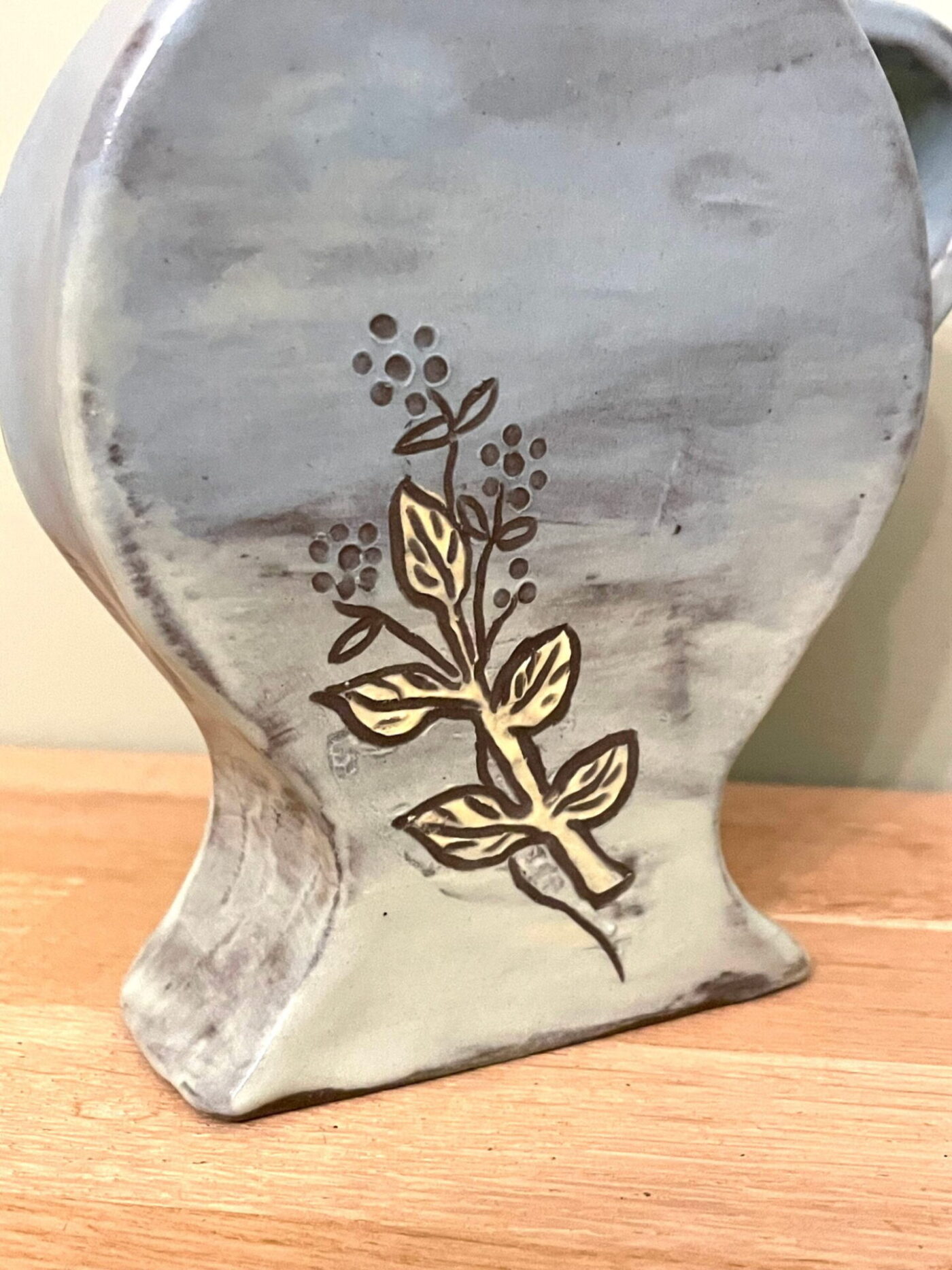 Blue & Green Slab Vase with Floral Etching — back view