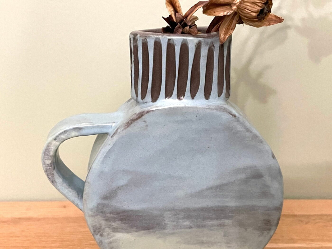 Blue & Green Slab Vase with Floral Etching — close-up