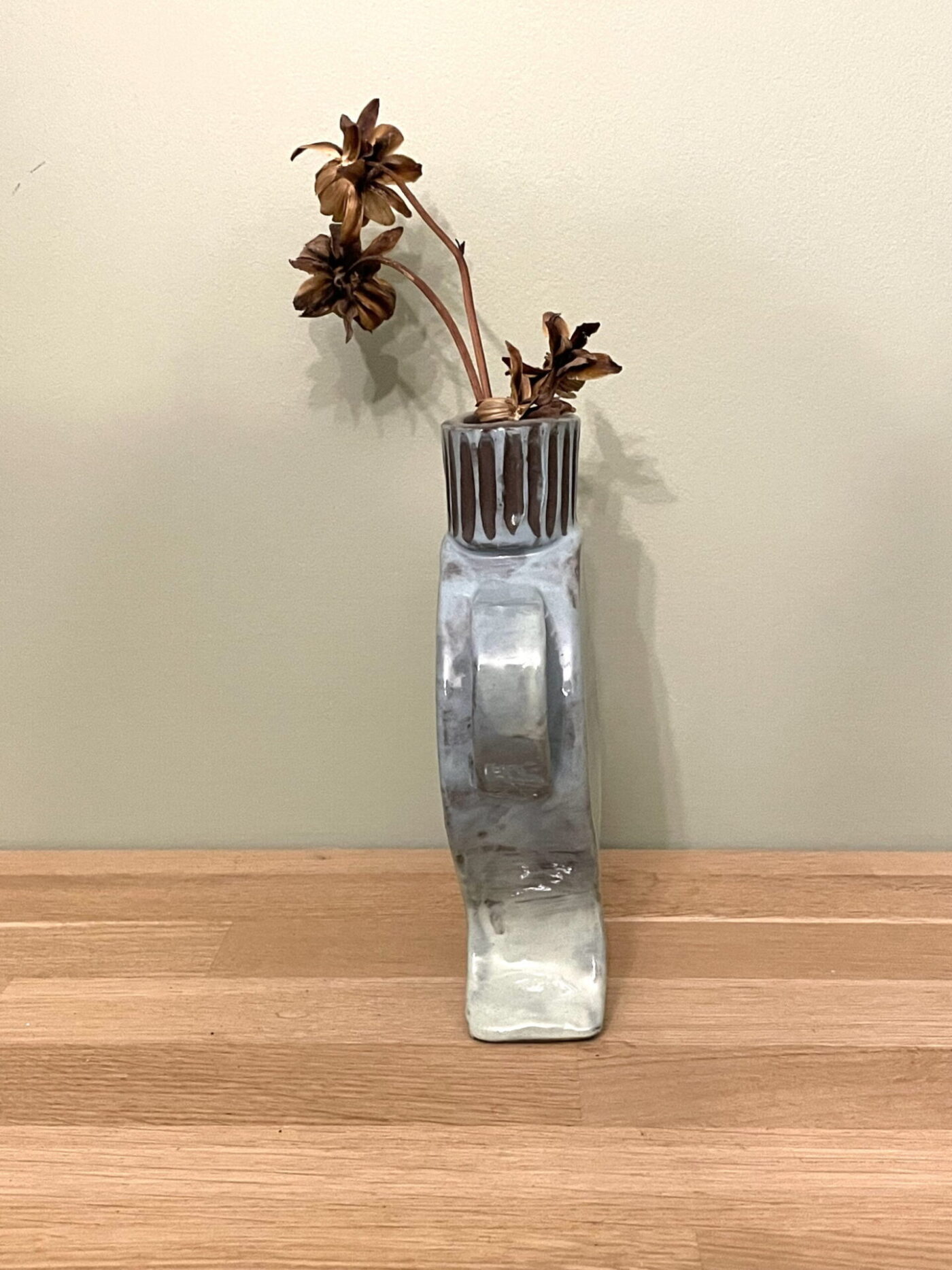 Blue & Green Slab Vase with Floral Etching — side view