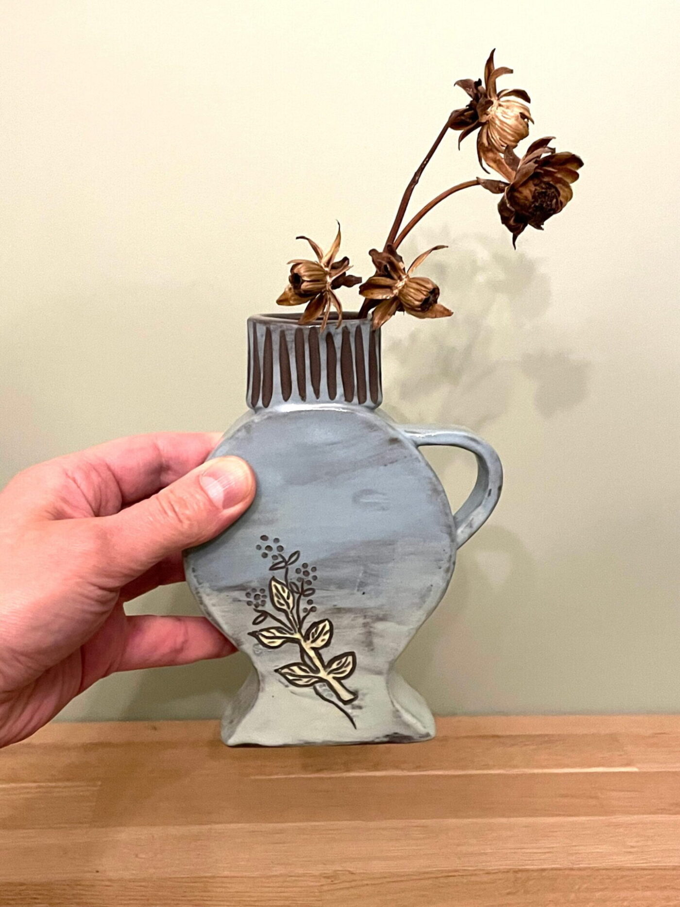 Blue & Green Slab Vase with Floral Etching — alternate angle