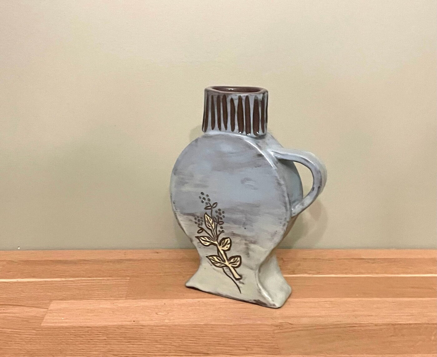 Blue & Green Slab Vase with Floral Etching — scale view